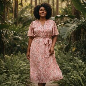 NWT Women’s Plus 4x Elegant Pink Floral Dress lined 2 avail w belts